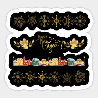 Happy New Year Christmas Village with Snowflakes and Bells Sticker